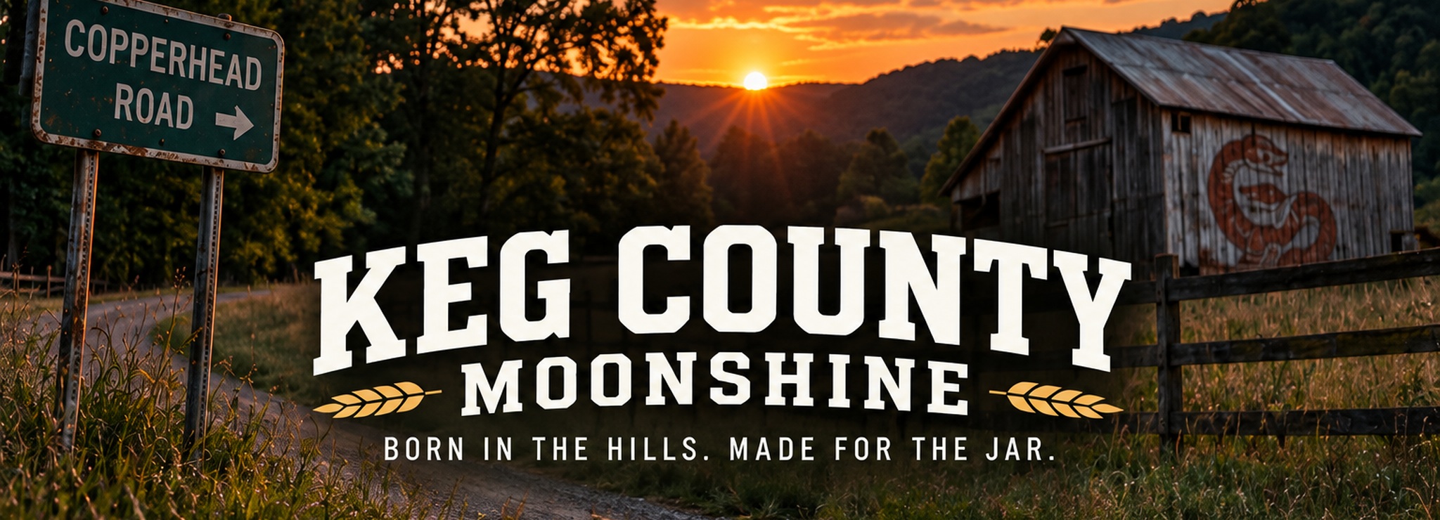 Sunset in rural Tennessee with a Copperhead Road sign, barn, and Keg County Moonshine branding