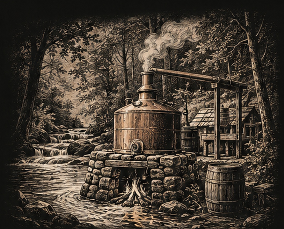 Vintage-style drawing of an old copper still beside a wooded creek